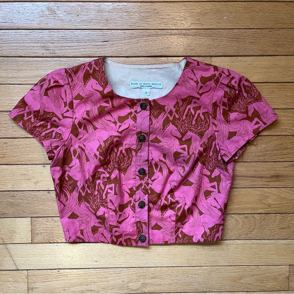 Pink Horses Cropped Cotton Short Sleeve Top